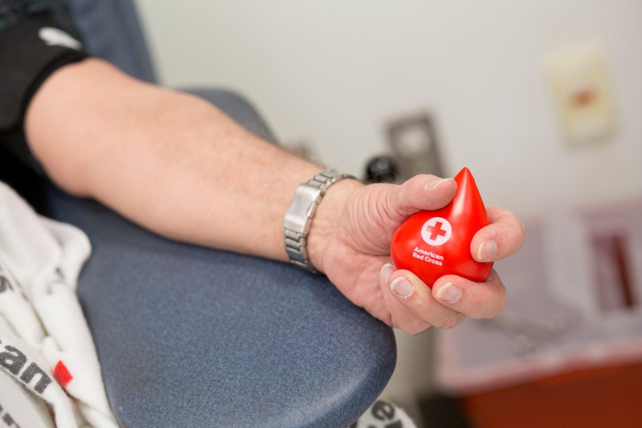 Hand holding blood drop shaped stress ball with American Red Cross logo on it.